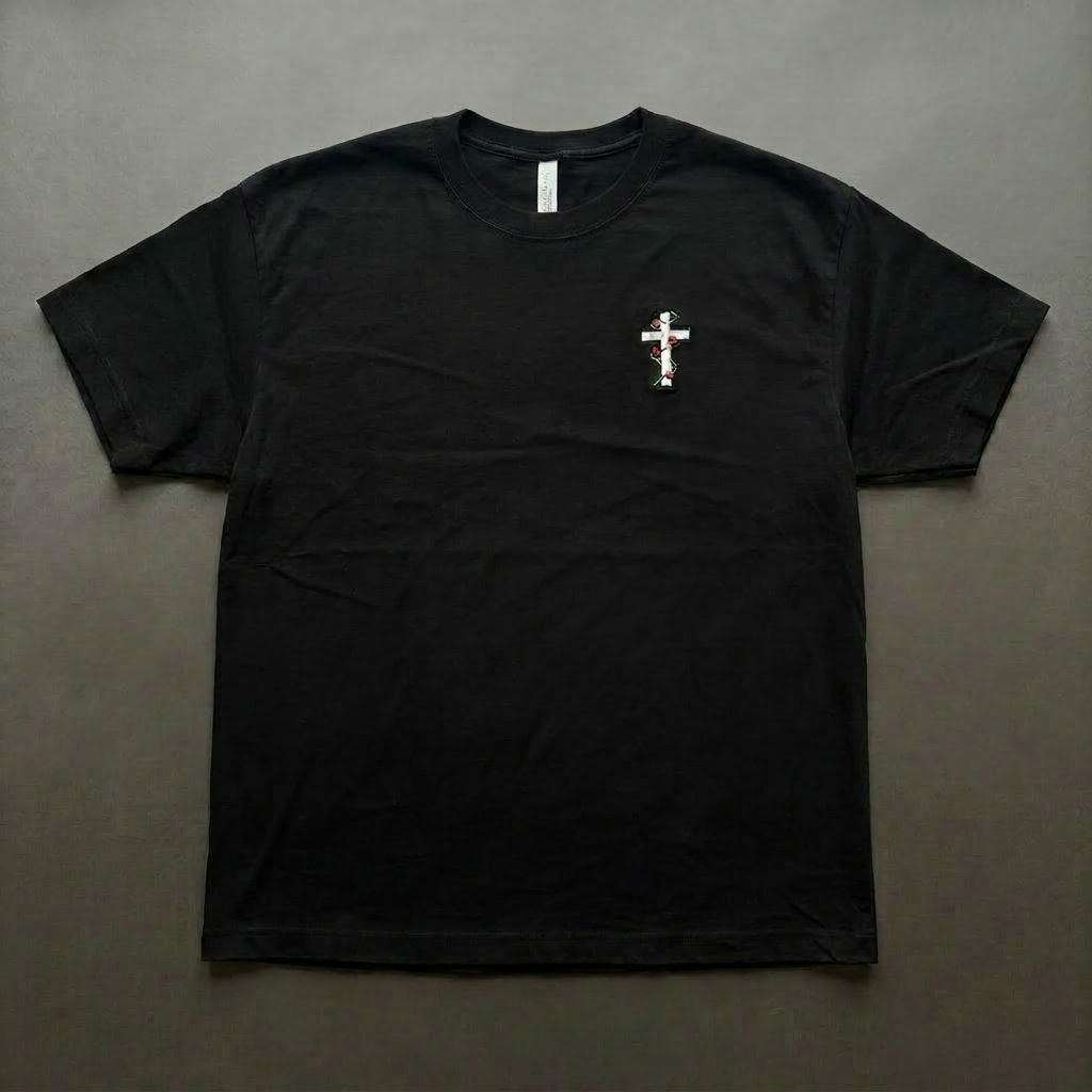 Cross Tee Black front view, embroidered cross with roses and thorns
