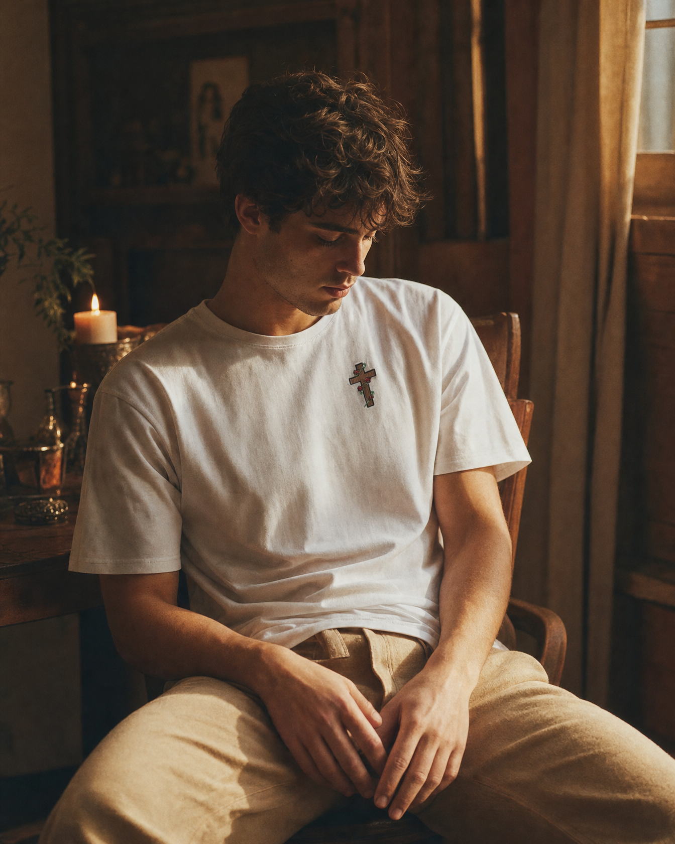The Quiet Faith: Cross Tee White in warm candlelight